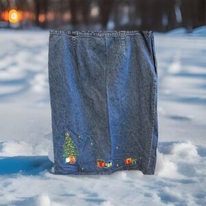 Westbound Women's Vintage Blue Denim Skirt Size 18 Christmas Tree Gifts Holiday